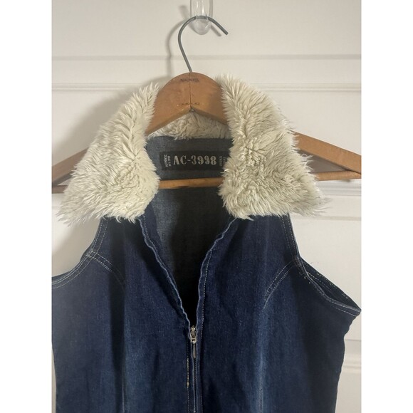 VTG AC-3998 Denim Jumpsuit Womens L Sherpa Collar Dark Wash Bootcut Y2K Festival - Picture 11 of 14